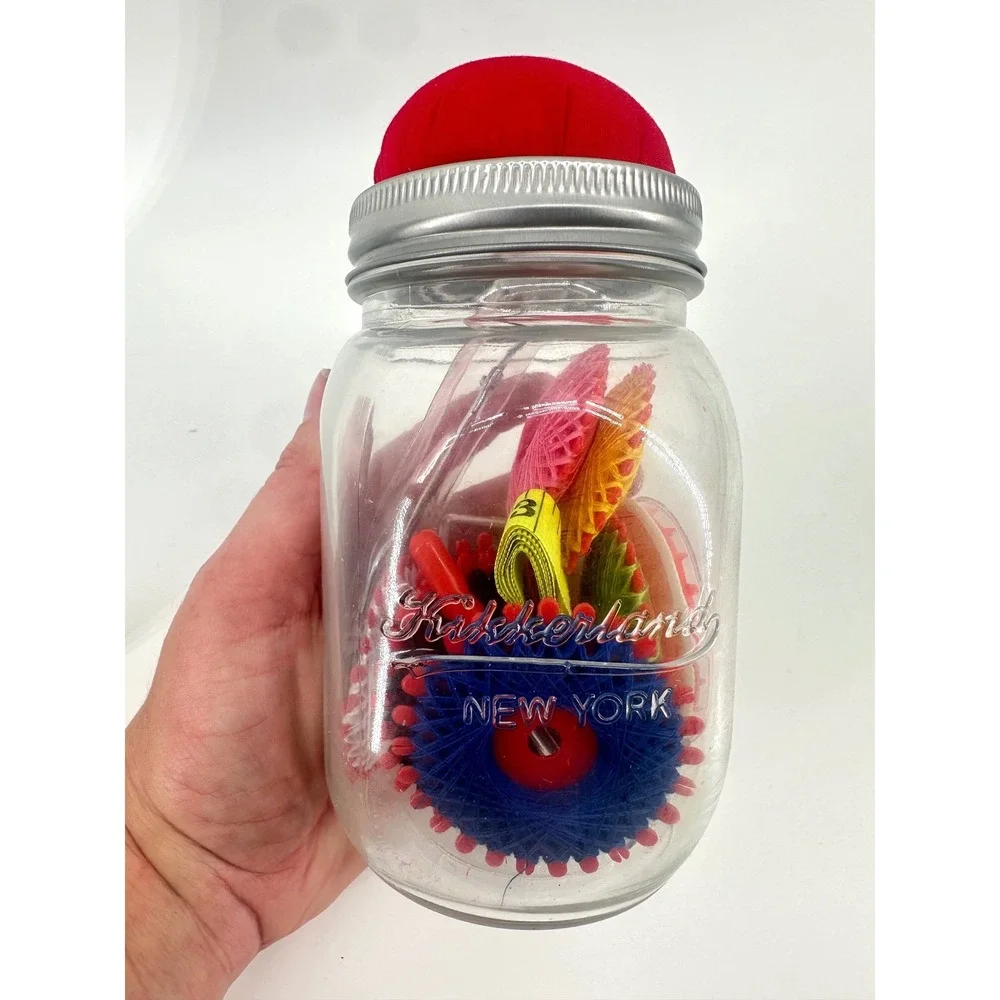NEW Kikkerland Mason Jar Sewing Kit Red Pin Cushion Lid Glass Jar with Supplies